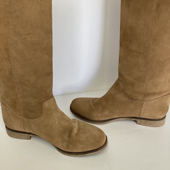 Lucky Brand Boot LK Grayer 7.5M Suede Tan Pullon Flyaway Fringe Mid-Calf Western - Picture 6 of 11